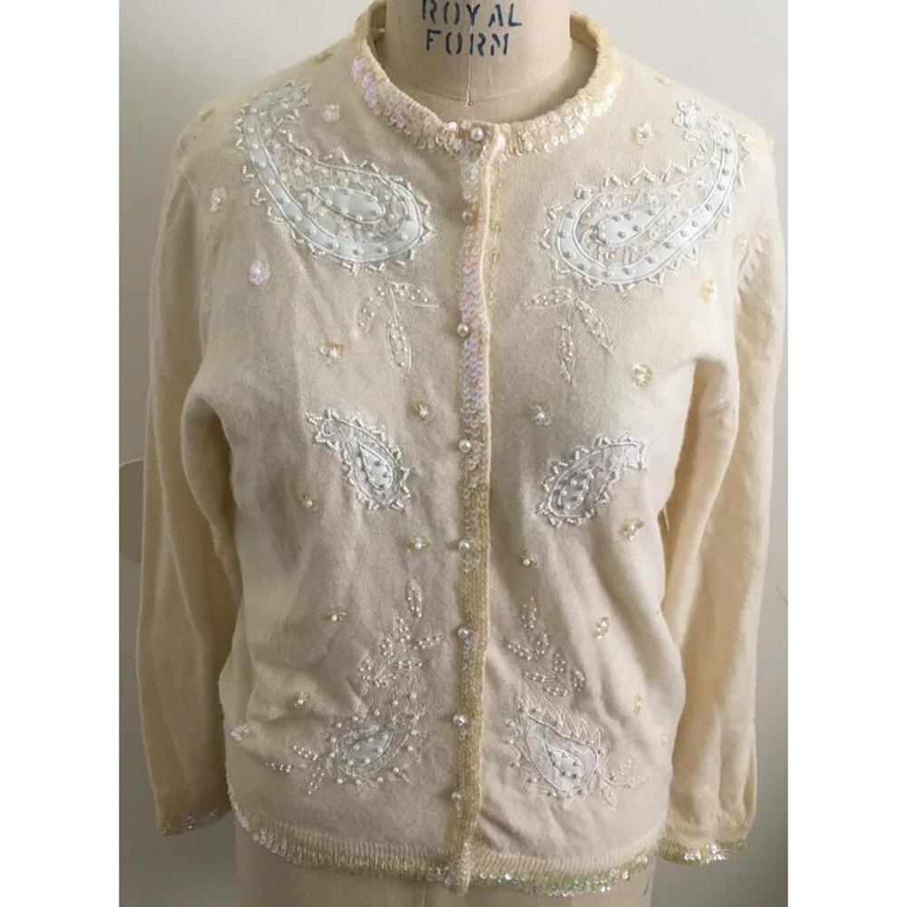 Vintage 1980's Vivien Forest Beige Sequin & Bead Embellished Cardigan Sweater M